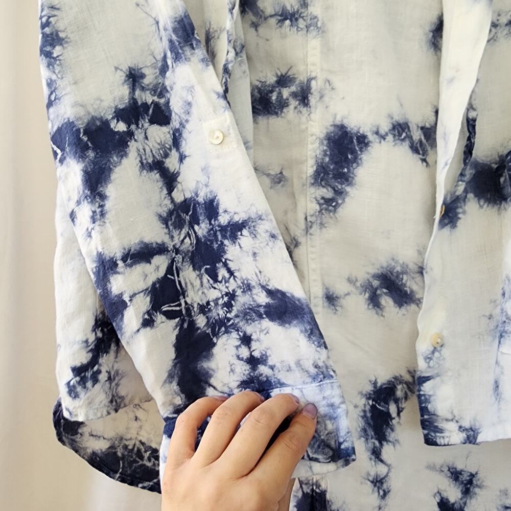 Rachel Zoe 100% linen blue white tie dye hoodie shacket S coastalgrandma Resort - Picture 10 of 11